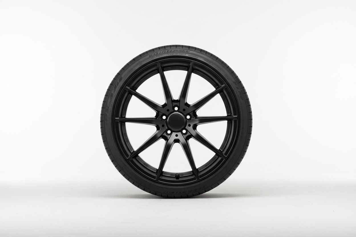 One single alloy wheel in Matt black with tyre
