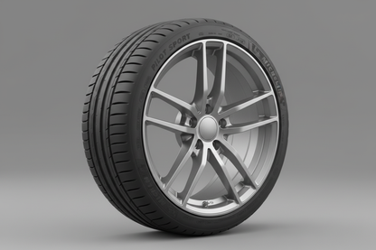 Single alloy wheel in mat silver with a tire on